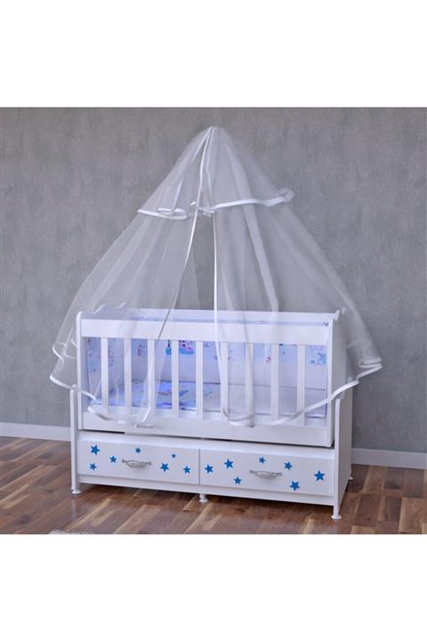 Garaj Home Elegant Mavi Yıldızlı Beşik + Yatak + Uyku Seti Kombini