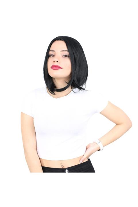 Peruk Market Fiber Sentetik Siyah Perçemsiz Kısa Düz Peruk