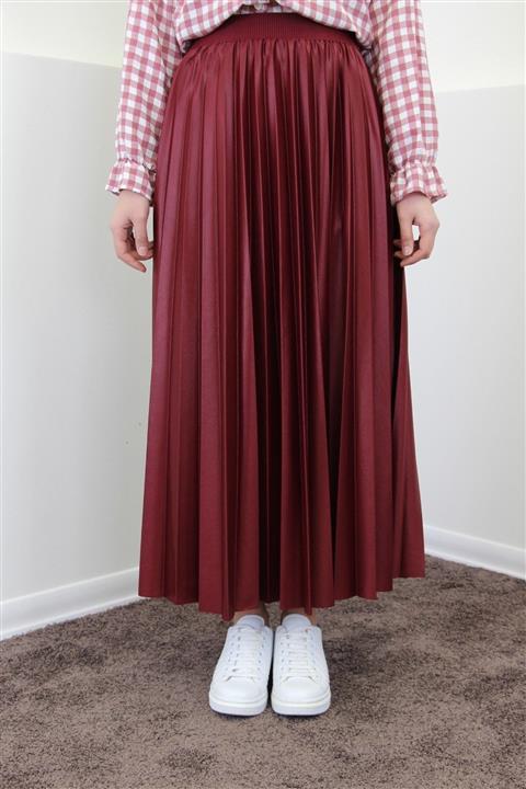 Esvet Kadın Bordo Tesettür Piliseli Beli Lastikli Etek