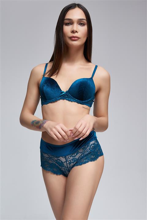 FOR YOU MODA Dantelli Destekli Petrol Yeşili Kadife Sütyen Takımı