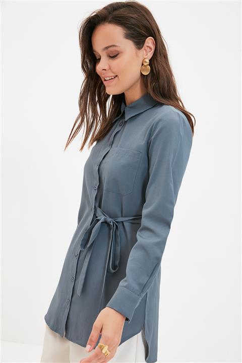 Trendyol Modest Gri Gömlek Yaka Bağlama Detaylı Tunik TCTAW22UK0098