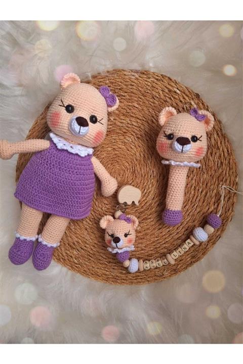 USTAHOBİEVİ Amigurumi Mor Elbiseli Ayıcık Hediyelik Yenidoğan Set