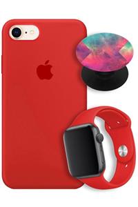 Apple Watch 6 38 Mm Silikon Kordon + Iphone 7 Uyumlu  Lansman Logolu Kırmızı Kılıf + Popsocket