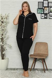 Moda Çizgi Kadın Pamuklu Cepli Kısa Kol Büyük Beden Pijama Takım