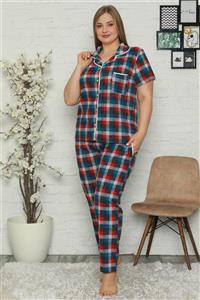 Moda Çizgi Kadın Pamuklu Cepli Kısa Kol Büyük Beden Pijama Takım 202065