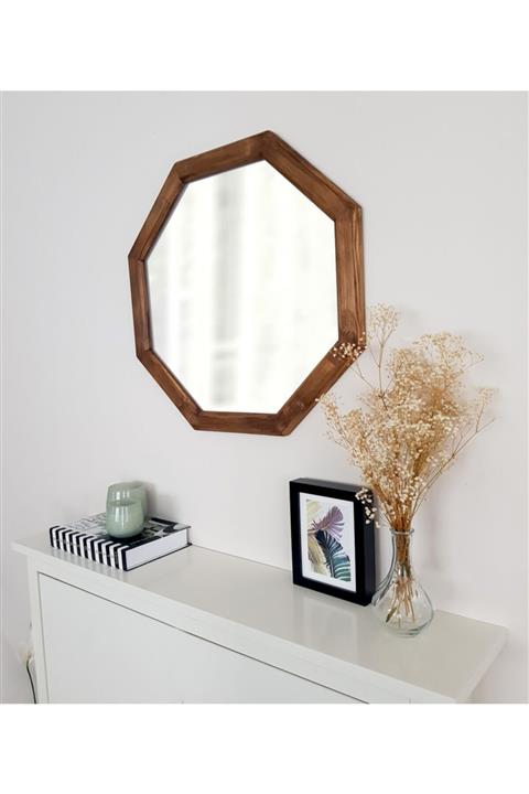picuscraft Sekizgen Model Doğal Masif Ahşap Dekoratif Büyük Boy Ayna Ceviz Rengi