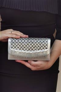 NAZART Kadın Gümüş Püsküllü Abiye Clutch Portföy Çanta