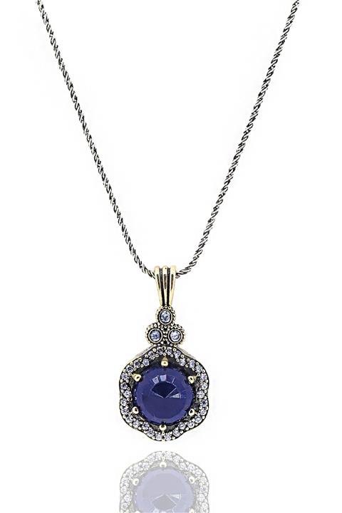 Midyat Gümüş Dünyası Otantik Gümüş Kolye - Safir Taşlı Çiçek Model
