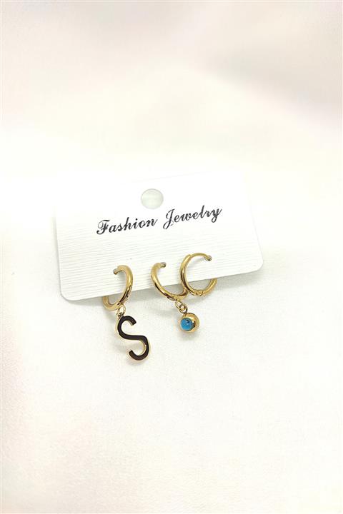 By Meriç Kadın S Harf Nazar Boncuklu Altın Kaplama 3'lü Çelik Küpe Seti