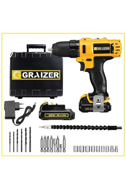 Graizer Ek-32 V 5 Ah Li-ion Metal Dişli Darbeli Çift Akülü Vidalama Matkap + 24 Parça Set Ek-sari