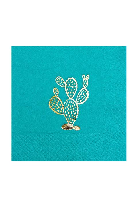 Story 33x33 Cm Altın Varak Kaktüs Desenli 16'lı Turkuaz Mavi Renkli Kağıt Peçete