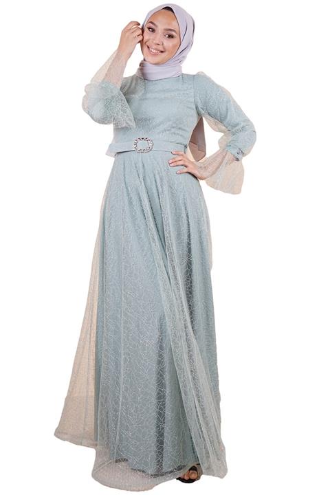 SpringStore Kadın Tesettür Tesettür Abiye Elbise Mint Kemerli