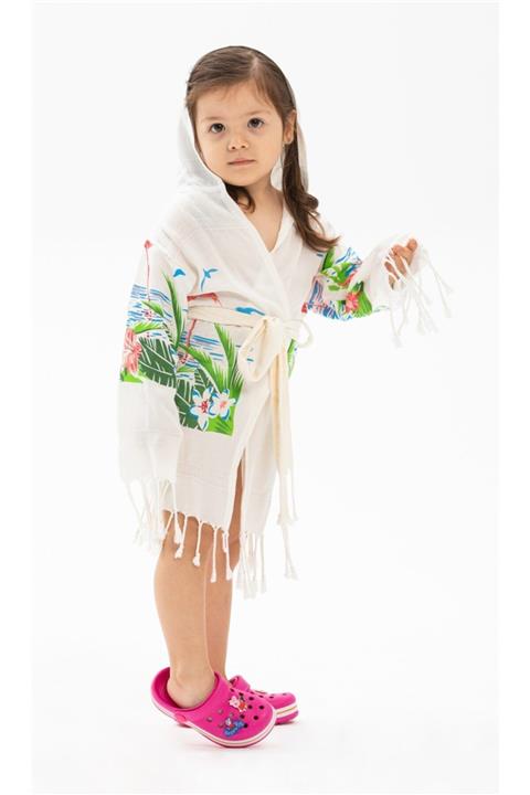 Eliş Şile Bezi Bambu Baskılı Flamingo Desen Çocuk Bornoz Krem