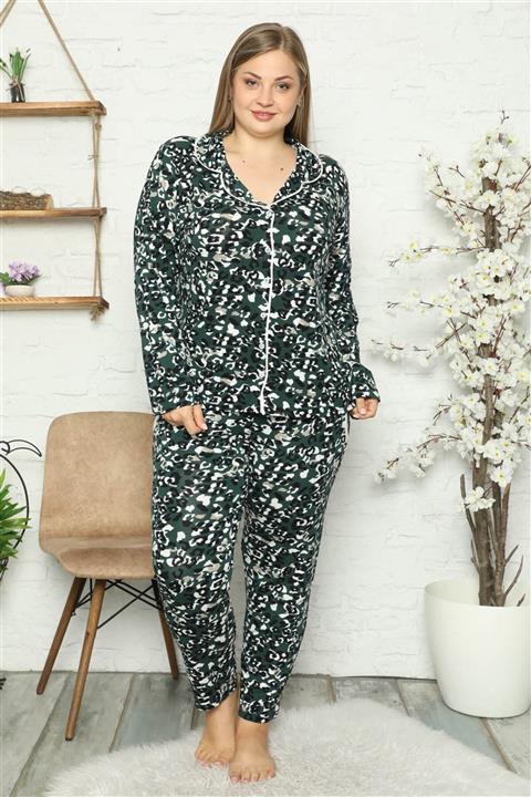 Moda Çizgi Kadın Pamuklu Cepli Uzun Kol Büyük Beden Pijama Takım 202046