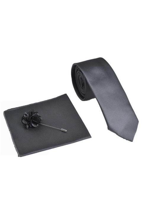Brianze Füme Kravat Mendil Yaka Çiçeği Seti