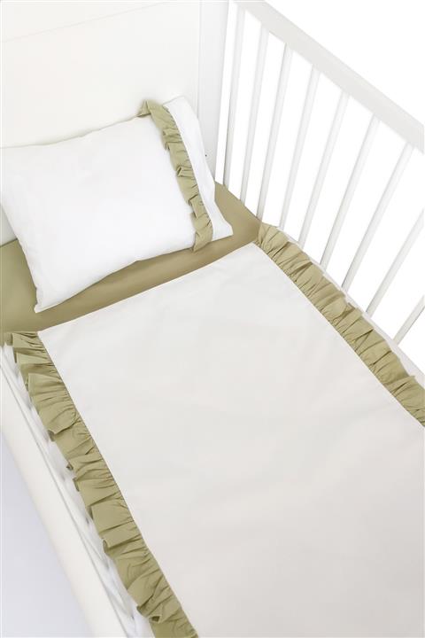 we are Pia 100x150 Bebek/çocuk Fırfırlı %100 Pamuklu Nevresim Takımı Kırık Beyaz-yeşil