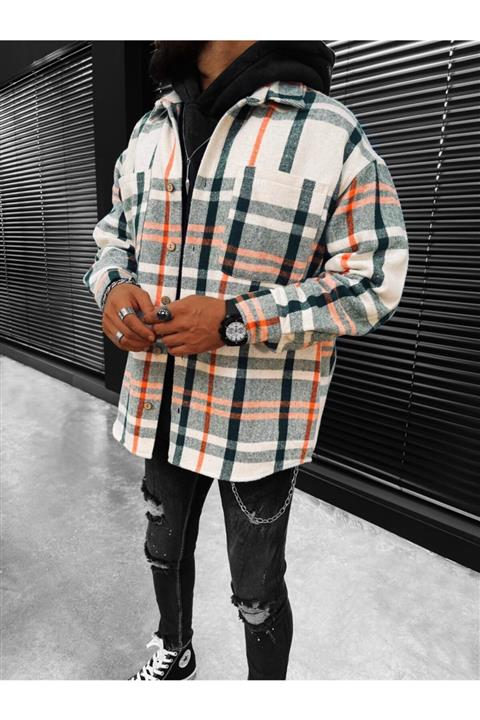 ablukaonline Oversize Oduncu Gömleği Ekru Yeşil