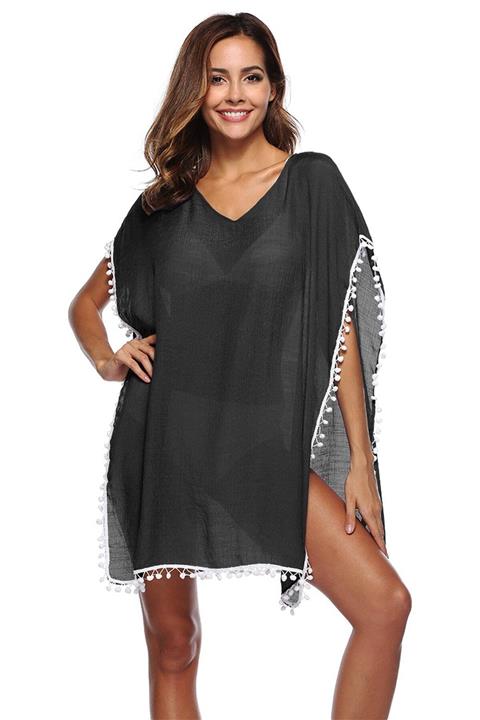 Giyinn Kadın Siyah Plaj Elbisesi Ponponlu Pareo