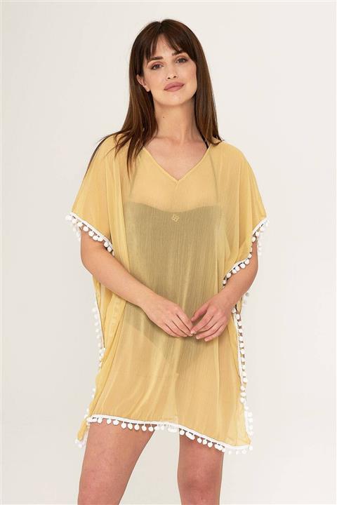Giyinn Kadın Sarı Pareo Seksi Plaj Elbisesi Ponponlu