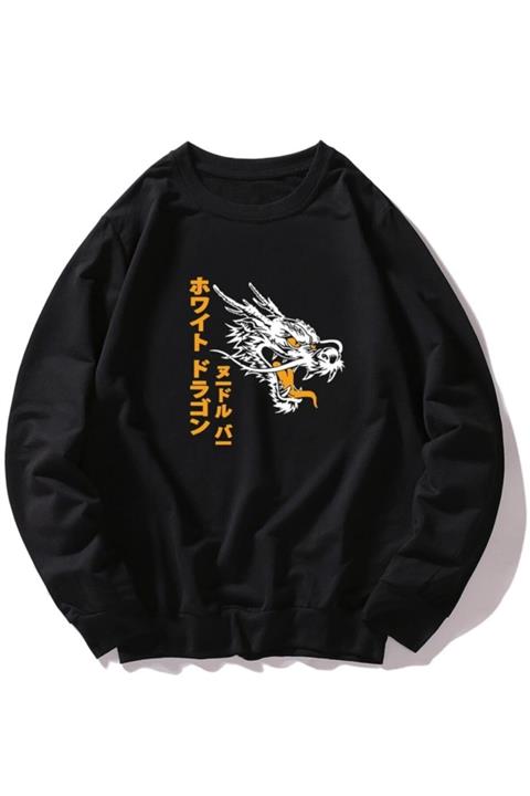 AFROGİYİM Siyah Oversize Sweatshirt Sarı Ejder Baskı
