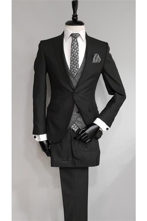 APARTRO Erkek Siyah Kendinden Desenli Slim Fit Kombinli Takım Elbise