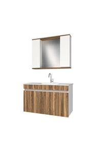 banos Kl3 Ayaksız 2 Kapaklı Lavabolu Tesbih Beyaz Mdf 100 Cm Banyo Dolabı Aynalı Üst Dolabı