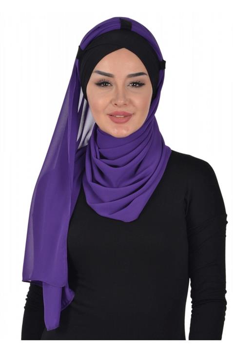 Biriz Moda Penye Boneli Şifon Şal Siyah - Mor