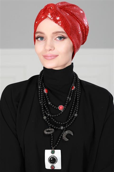 Biriz Moda Mihrace Penye Bone Kırmızı Payet