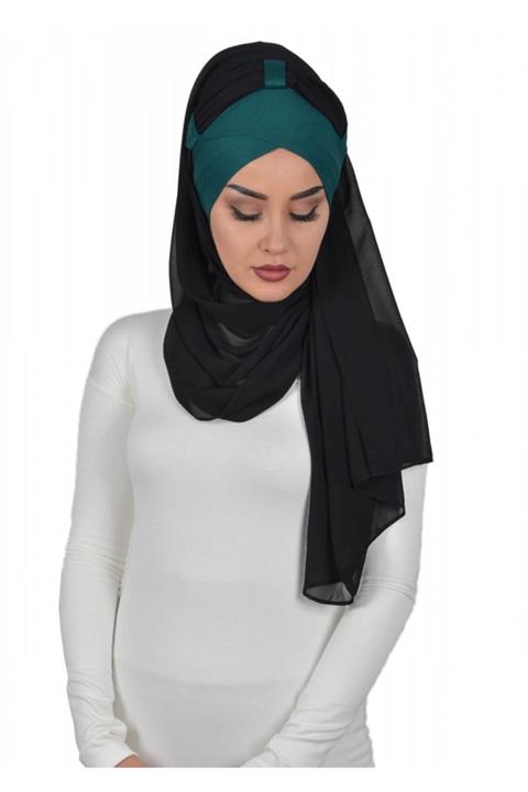 Biriz Moda Penye Boneli Şifon Şal Koyu Yeşil - Siyah