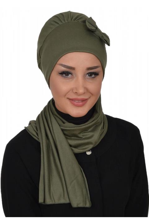 Biriz Moda Yandan Fiyonklu Fularlı Bone Haki Yeşil