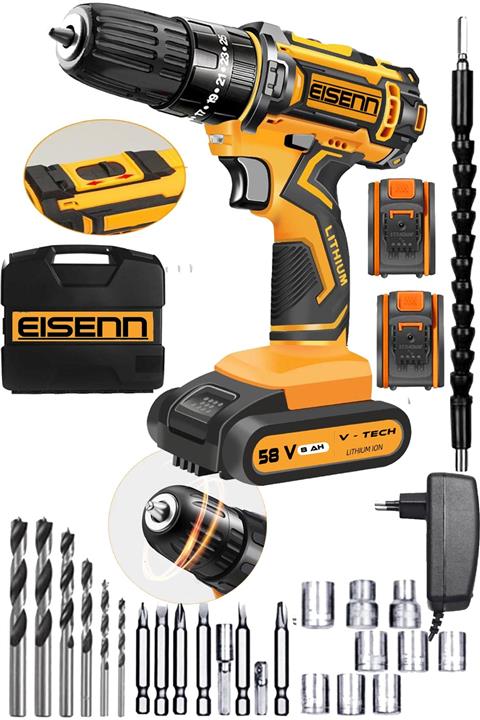 Eisenn Germany Technology V-tech Motor 58 V 8 Ah Darbeli Samsun Çift Akülü Vidalama Matkap Usta Set