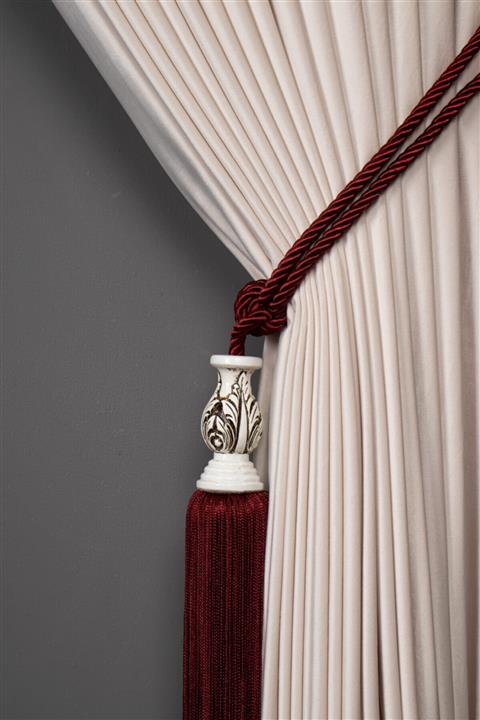 Saççax Exclusive Bordo Renk Beyaz Karot Detaylı Fon Perde Bağı Klasik Barok Püsküllü Braçol