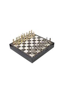 CİMCİME OYUNCAK Lüks Metal Satranç Takımı Sparta Ordusu Gold Krom Kaplama & Mermer Desenli Saklama Sandığı 37 X 37