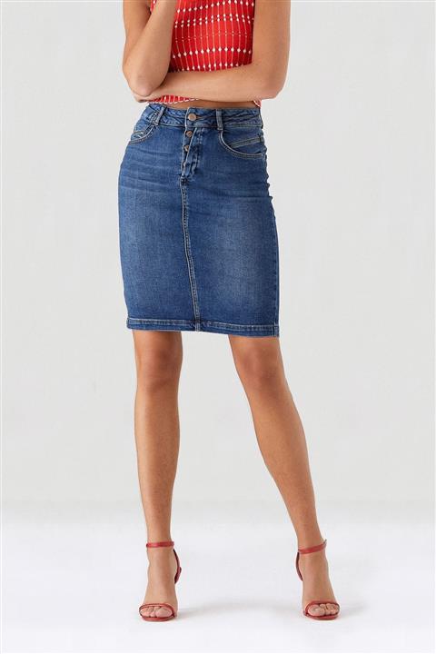 Pantamo Jeans Kadın Mavi Midi Etek