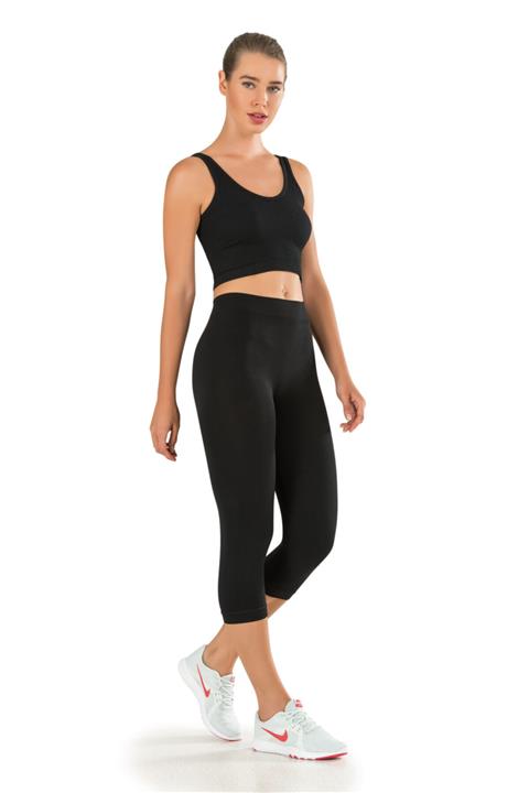 PROSLİM Kadın Siyah Sporcu Kapri Tayt Diz Altı Toparlayıcı Seamless Örme Dikişsiz Ipeksi
