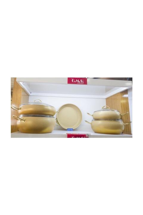 OMS PASLANMAZ Oms 9 Parça Granit Küre Tencere Set Krem Cam Kapak 3024