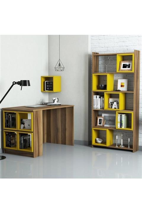 Vivense BOX ÇALIŞMA MASASI VE KİTAPLIK TAKIMI-Ceviz-Sarı