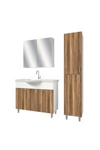 banos Tm1 Metal Ayaklı 2 Kapaklı Lavabolu Tesbih Mdf 100 Cm Banyo Dolabı Aynalı Üst Dolap Boy Dolabı