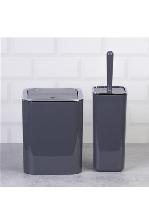 Okyanus Home Antrasit Kromlu Kare 2'li Wc Kova Ve Fırça Seti