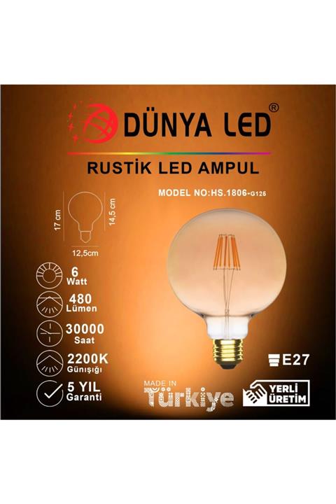 DÜNYA LED Hs.1806 6w E27 Rustik G125 Glop Ampul