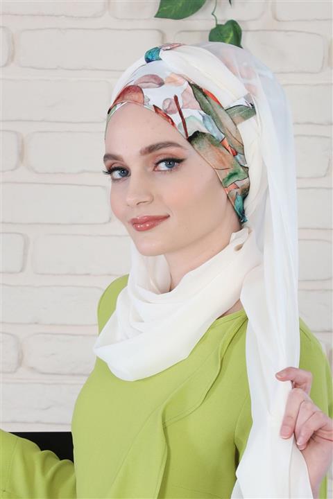 Biriz Moda Penye Boneli Şifon Şal Sonbahar - Krem