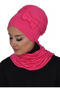 Biriz Moda Yandan Fiyonklu Fularlı Bone Fuşya
