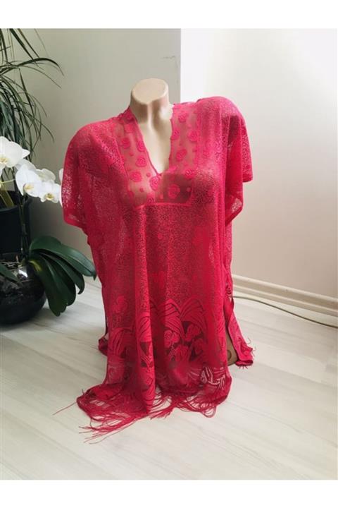 Fendimod Kadın Pembe Yanları Yırtmaçlı Püsküllü Pareo