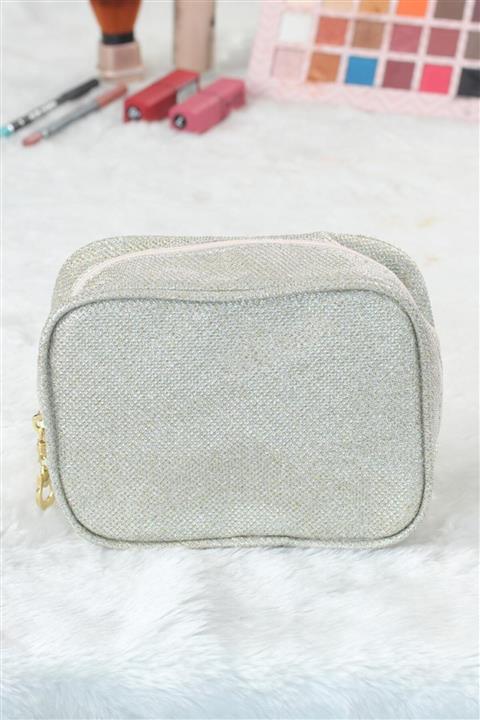 doruktrend Simli Krem Kare Form Makyaj Çantası