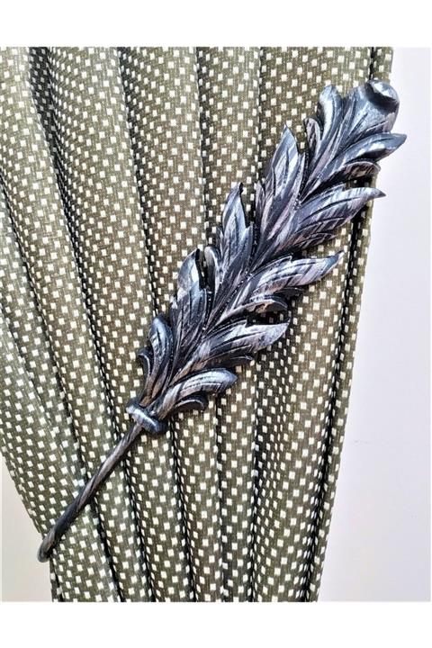 SGN Perde Aksesuar Siyah Gümüş Varaklı Yaprak Desen Perde Aksesuarı Kol Bağı Sağ