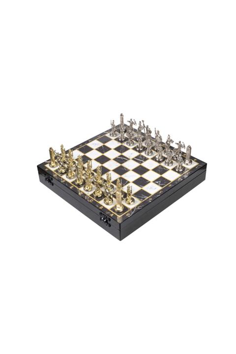 elife shop Lüks Metal Satranç Takımı Sparta Ordusu Gold Krom Kaplama & Mermer Desenli Saklama Sandığı 37 X 37