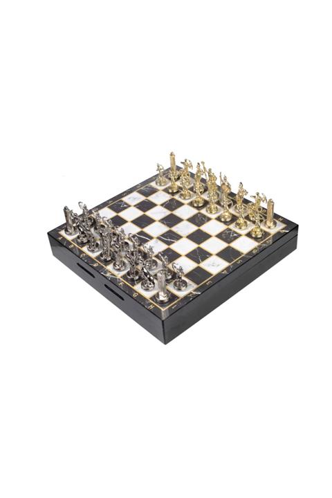 CİMCİME OYUNCAK Lüks Metal Satranç Takımı Roma Okçuları Krom Kaplama & Mermer Desenli Saklama Sandığı 37 X 37 Cm.