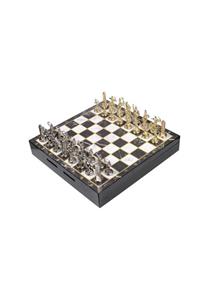 CİMCİME OYUNCAK Lüks Metal Satranç Takımı Roma Okçuları Krom Kaplama & Mermer Desenli Saklama Sandığı 37 X 37 Cm.