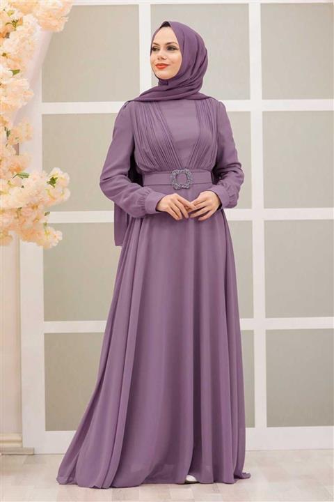 Neva Style Tokalı Kemerli Lila Tesettür Abiye Elbise 27690