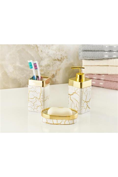 Trend Banyo Mutfak Altın Mermer Desen Kare Sıvı Katı Sabunluk Fırçalık 3'lü Banyo Seti